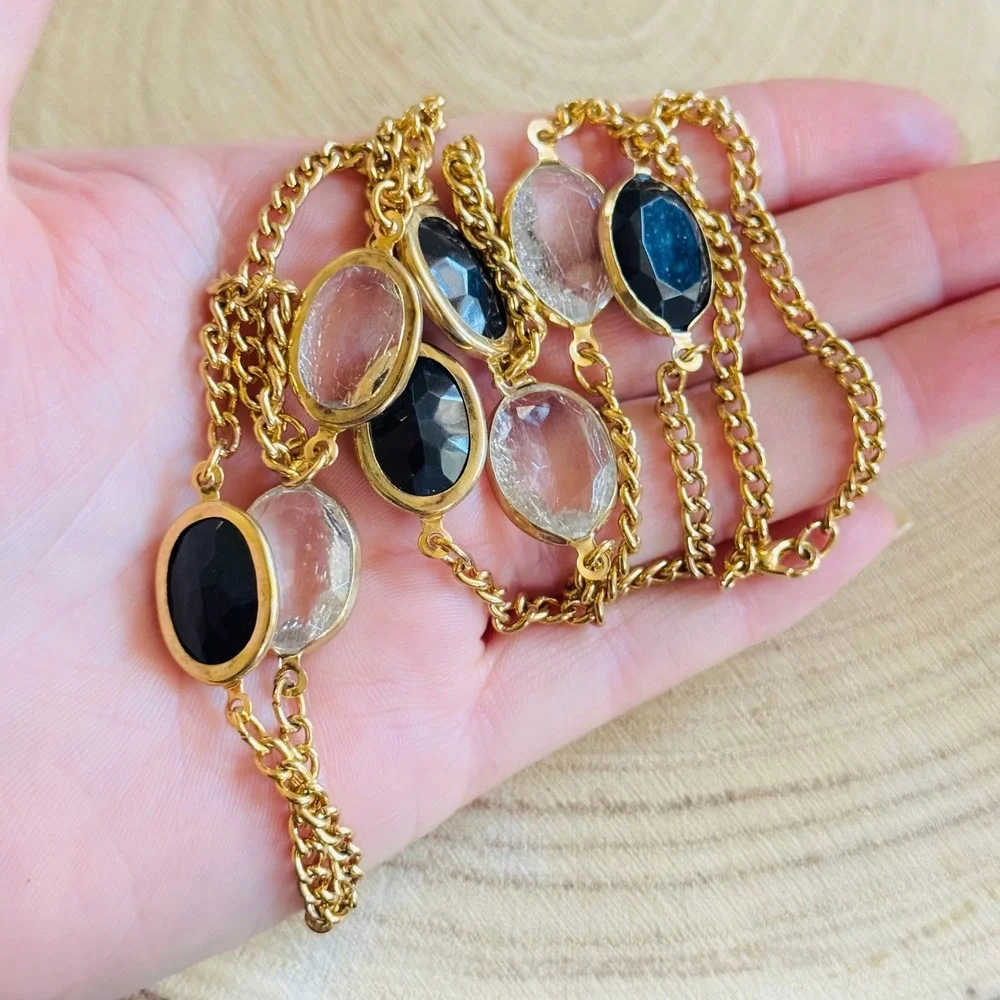 VTG elegant‎ gold link chain necklace black clear open bezel acrylic regal 30